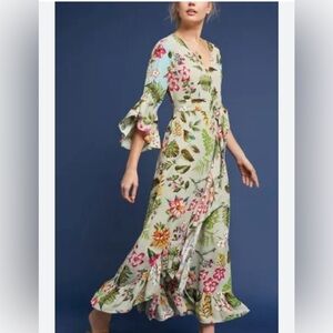 Anthropologie Blank London M maxi floral dress gown faux wrap style
